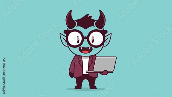 Obraz Cute devil character holding laptop in modern business attire