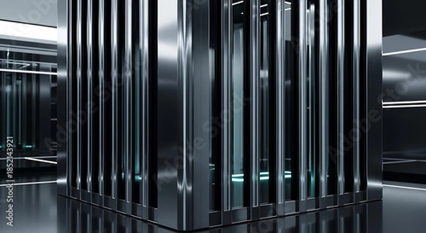 Obraz Close-up view of a sleek, modern metallic structure with vertical slats and blue accents in a dark room with reflective floor.