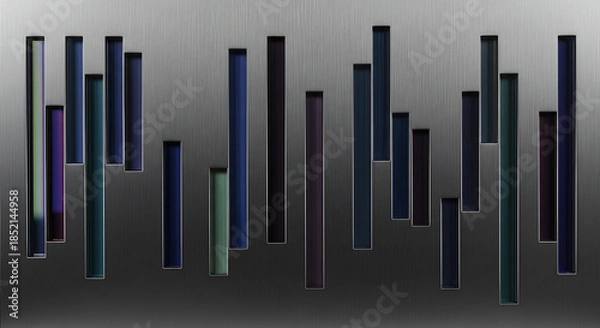 Obraz A graphic representation of colorful bars of varying heights against a gradient background transitioning from light gray to dark gray.