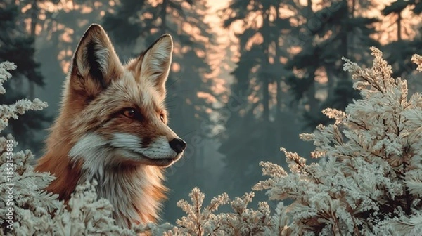 Obraz Red fox observing winter forest at sunset