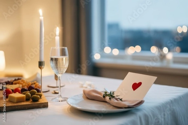 Obraz Elegant close-up of a Valentine's dinner table set for one, featuring a glass of sparkling wine, candlelight, and a heartfelt card, creating a romantic atmosphere for a special occasion