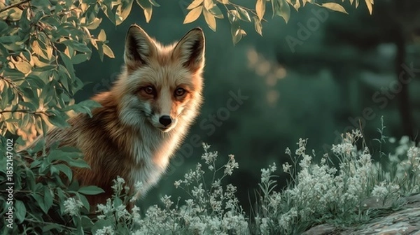 Obraz Red fox observing forest at sunset through leaves