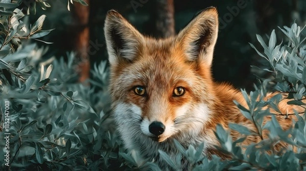 Obraz Red fox observing from green dense foliage