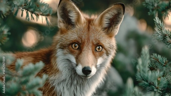 Obraz Red fox looking directly at camera through forest trees