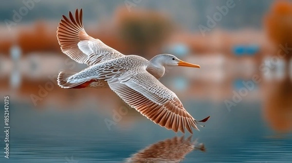 Obraz Bird flying low over water with reflection