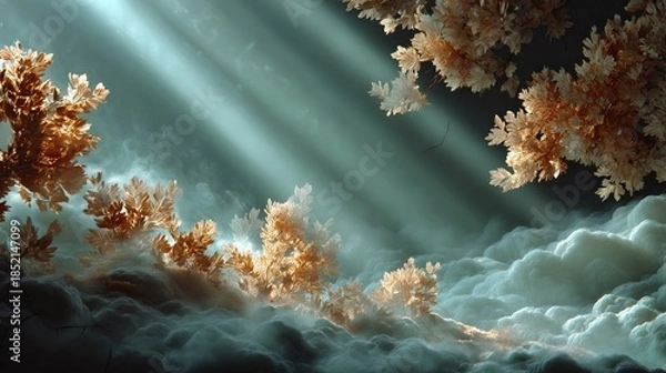 Obraz Golden leaves glowing through mystical light rays