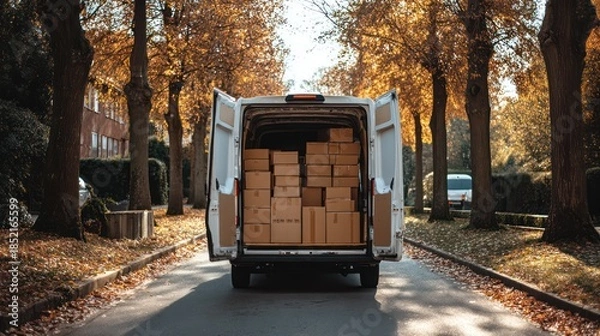 Obraz Parked white cargo van full boxes