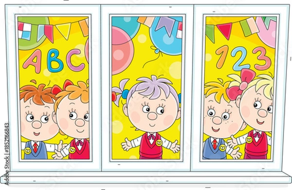 Obraz Happy little schoolgirls and schoolboys looking through a celebratory decorated classroom window and waving in greeting at a funny school holiday, vector cartoon illustration on white