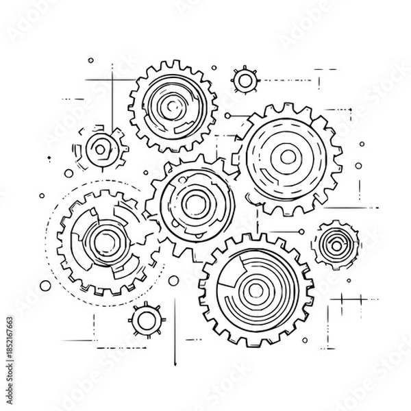 Fototapeta Interconnected Gears Technical Drawing on White Background