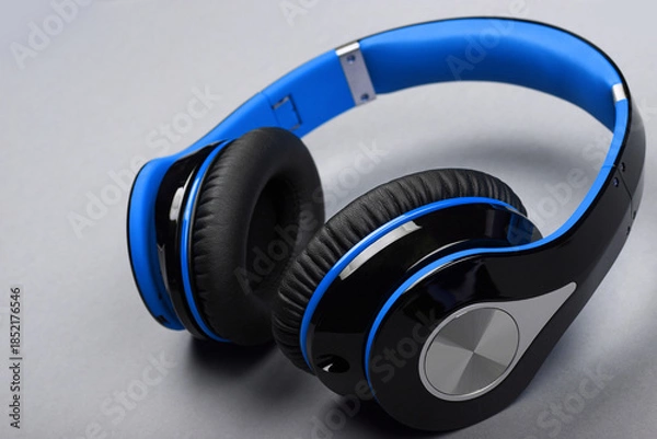 Obraz Close up modern blue headphones on gray table