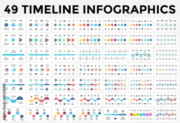Obraz Wektor strzałki półkola na osi czasu, wykres diagramu, prezentacja wykresu. Koncepcja postępu biznesowego z 3, 4, 5, 6, 7, 8 opcjami, częściami, krokami, procesami.