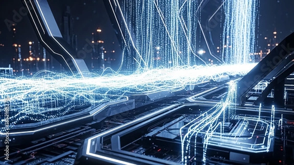 Obraz Futuristic technology scene with glowing data streams and network connections.
