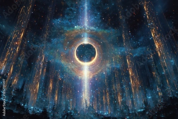 Obraz Ringed planet above vertical glowing light structures