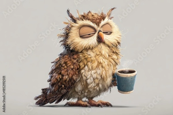 Obraz Grumpy sleepy owl holding coffee cup