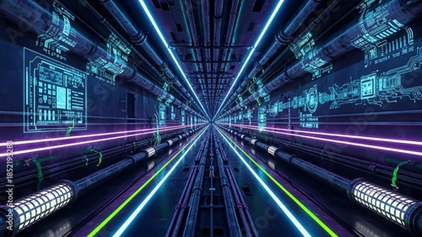 Obraz Futuristic tunnel with neon lights and circuit patterns, creating a high-tech atmosphere.