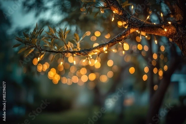 Fototapeta Magical festive lights in outdoor evening scene