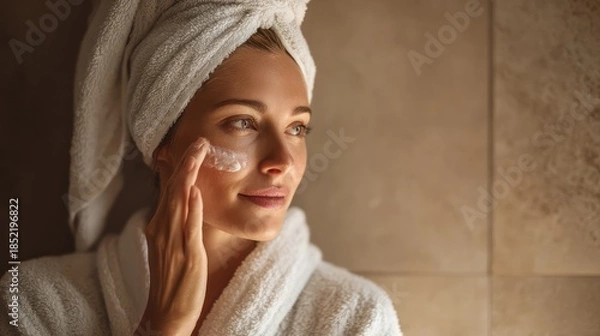 Obraz Woman using natural cosmetics for face