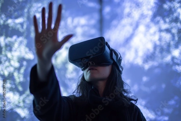 Fototapeta Female interacting with virtual reality simulation