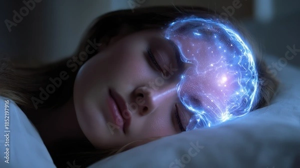 Obraz Woman sleeping with glowing digital brain visualization