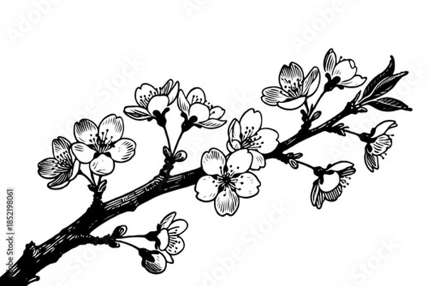 Obraz Hand-drawn cherry blossom branch with blooming flowers in detailed ink sketch style on white background. Concept of spring and nature