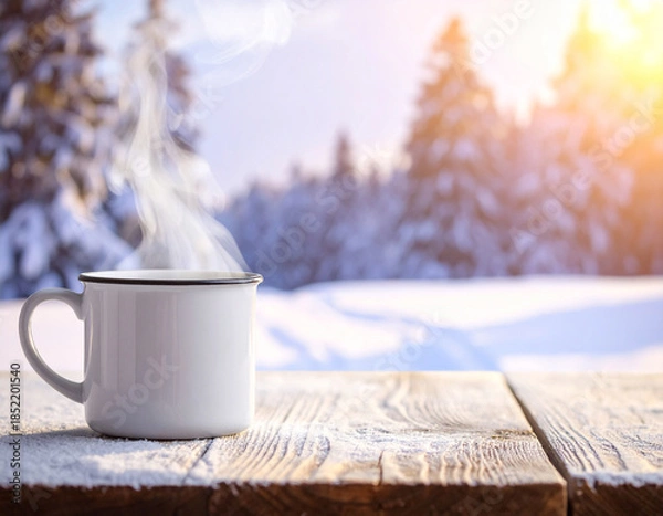 Obraz 冬の静けさを感じる湯気のマグカップと柔らかな光