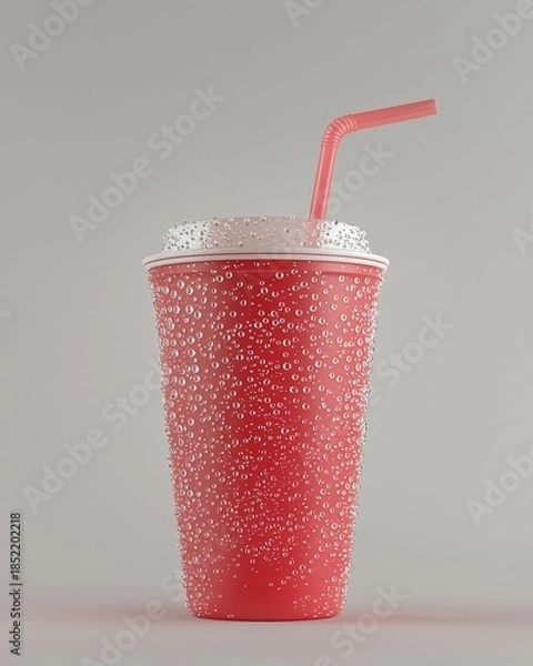 Obraz Refreshing drink with condensation in a red cup placed on a plain surface