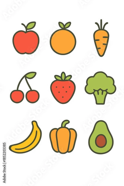 Obraz Colorful Fruit and Vegetable Icon Set in Flat Style