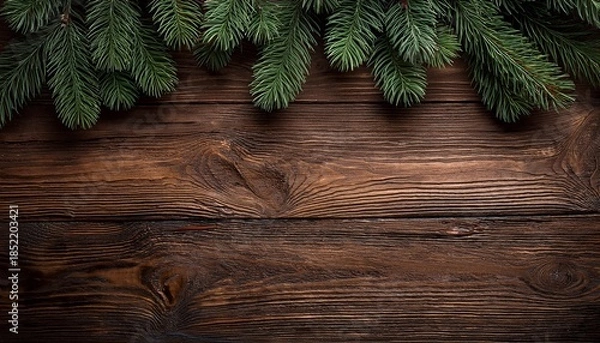 Obraz Christmas Tree Branches Rustic Wooden Background Generative Ai