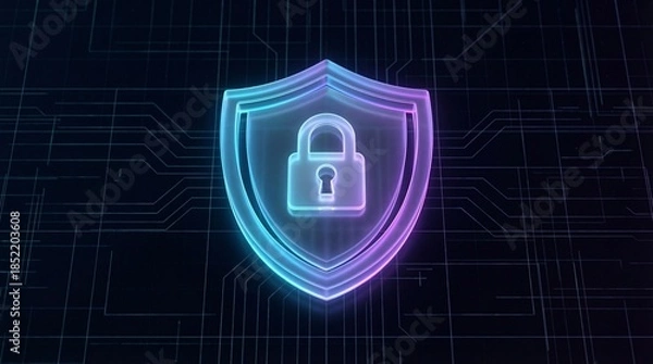 Fototapeta Neon Glowing Shield with Padlock Icon on Digital Circuit Board Cybersecurity Concept