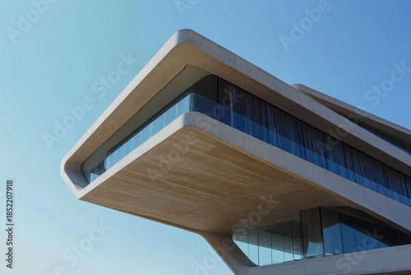 Obraz Futuristic concrete and glass building with overhanging architectural design against a clear blue sky