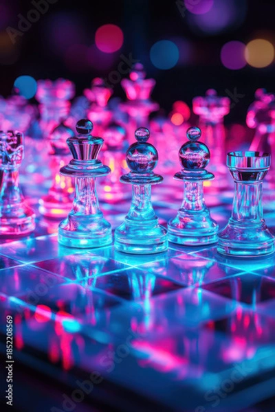 Obraz Neon lights illuminate a chessboard with glass pieces in pink and blue