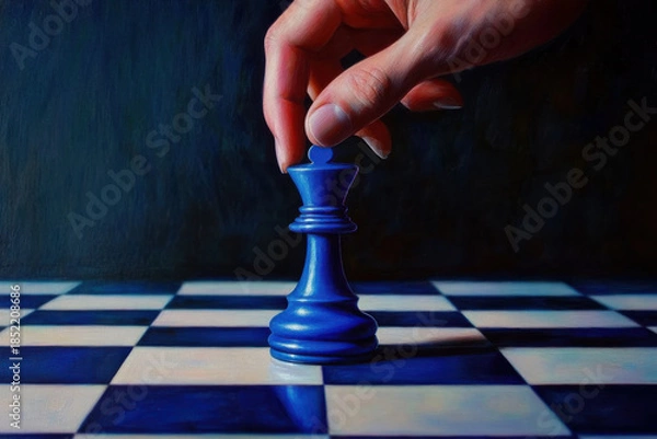 Obraz Hand setting blue king chess piece on a checkered board, strategy and leadership concept