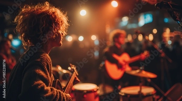 Fototapeta Live music performance with guitarist and drummer in warm ambient lighting at night