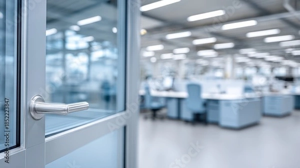 Obraz Bright, spacious laboratory or office with workstations in the background.