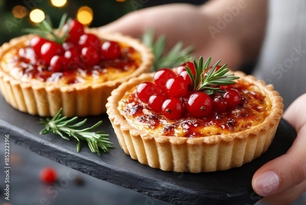 Obraz Serving individual savory tarts with red currants and rosemary