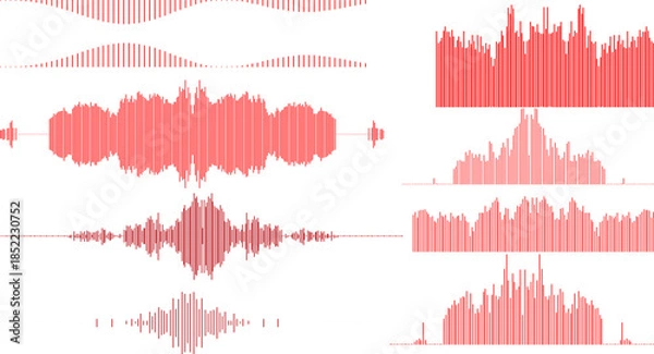 Fototapeta Red sound wave patterns on a for audio visualization