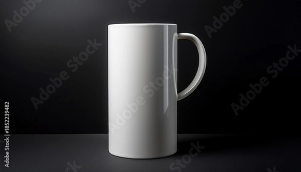 Obraz A White Cylindrical Mug With A Rounded Handle Against A Solid Black Background