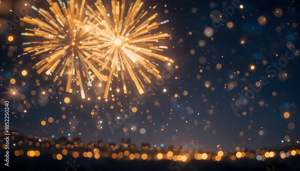 Obraz Vibrant fireworks exploding in night sky with bokeh lights