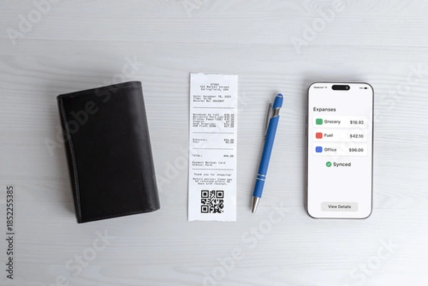 Obraz Personal finance flat lay with smartphone, wallet, receipt and pen on white desk, expense management and payment tracking concept for business and consumer use