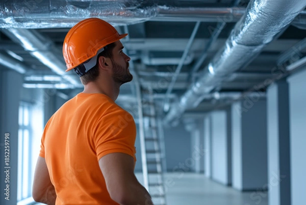 Obraz Construction worker inspecting ceiling structures in a modern space