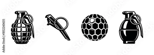 Obraz Hand grenade collection, explosive devices, flat vector illustration