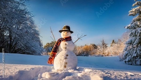 Obraz A Charming Snowman Decked Out For Winter Sporting A Festive Hat And Scarf Embodies The Joy And Warmth Of The Season