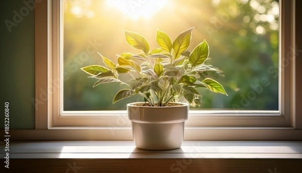 Obraz Serene Windowside A Close Up Shot Of A Potted Plant Graces A Windowsill With Soft Light Creating A Tranquil Scene The Image Evokes A Sense Of Peace And Natural Beauty