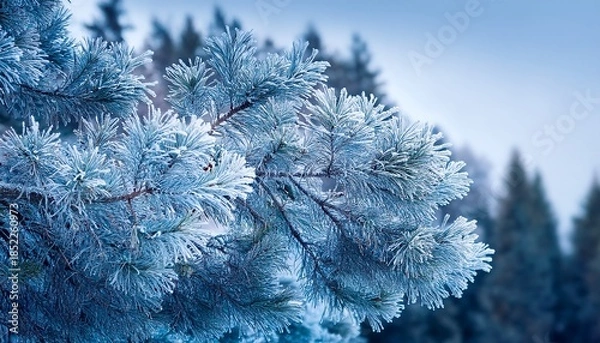 Obraz Frozen Cypress Branches Covered With Frost And Snow Cool Blue Tones Create Peaceful And Natural Winter Scenery