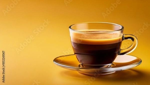 Obraz Freshly Brewed Creamy Espresso In A Glass Coffee Cup Isolated On Yellow Background Close Up With Copy Space