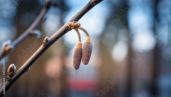 Obraz Close Up Of Dormant Tree Buds On A Branch In Winter Season