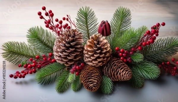 Obraz A Festive Winter Centerpiece With Pine Cones Red Berries