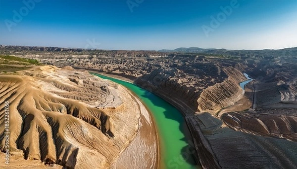 Obraz Abstract Earth Layers Geological Formation With Green River And Beige Land