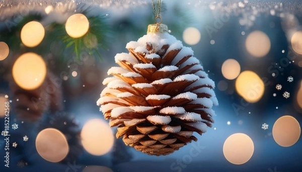 Obraz Sparkling Winter Pinecone Ornament Dusted With Snow And Magical Lights Perfect For Festive Decor