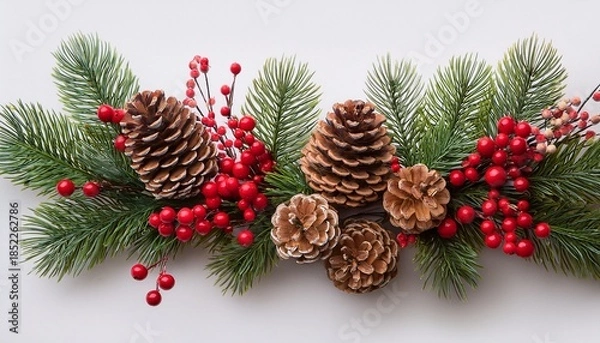 Obraz Festive Christmas Garland With Pine Cones Fir Branches And Red Berries Isolated On Transparent Background